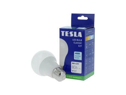 Tesla - LED žárovka BULB E27, 8W, 230V, 806lm, 25 000h, 4000K denní bílá, 220st