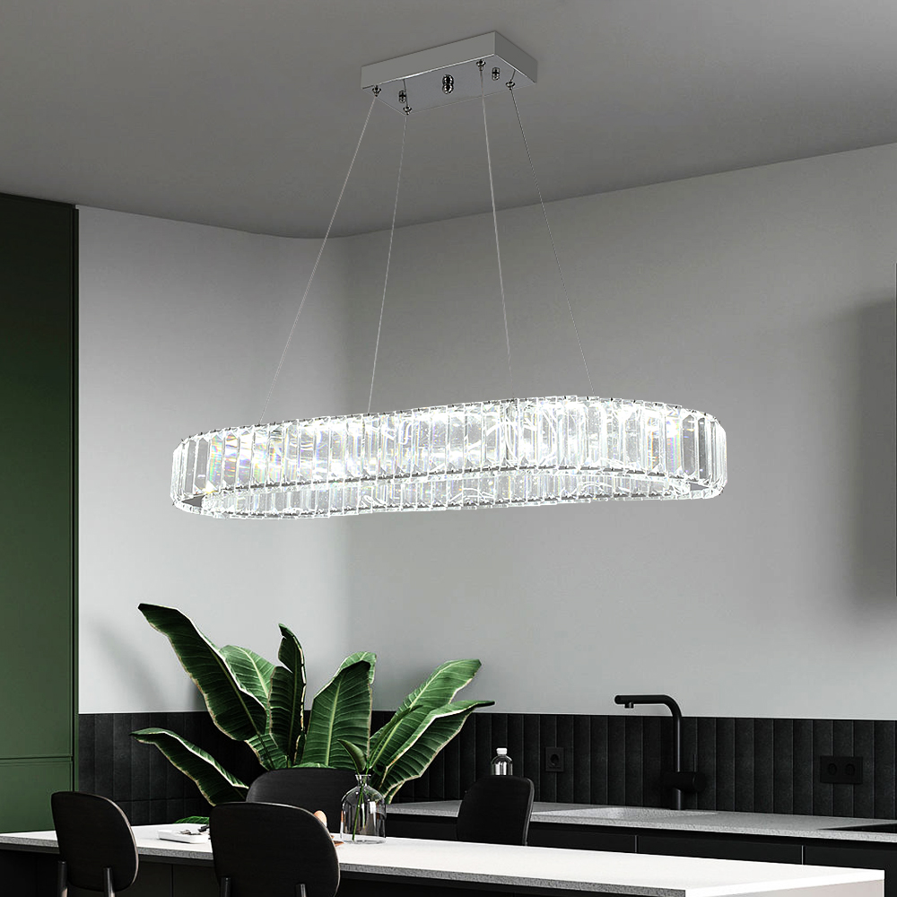 Moderní závěsný LED křišťálový oválný lustr do jídelny nebo kuchyně