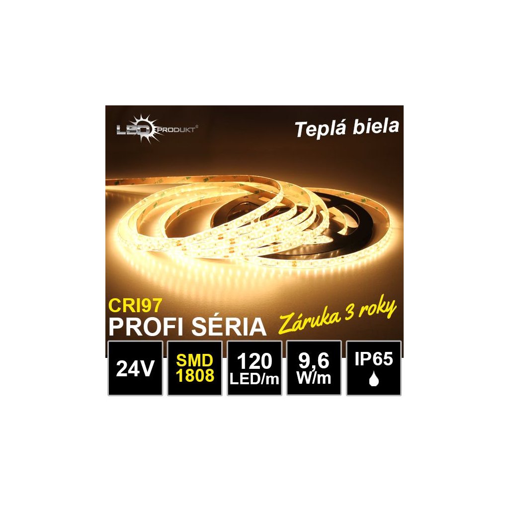 6865 profi led pasik 120led m smd1808 tepla biela cri97 ip65 24v zaruka 3 roky