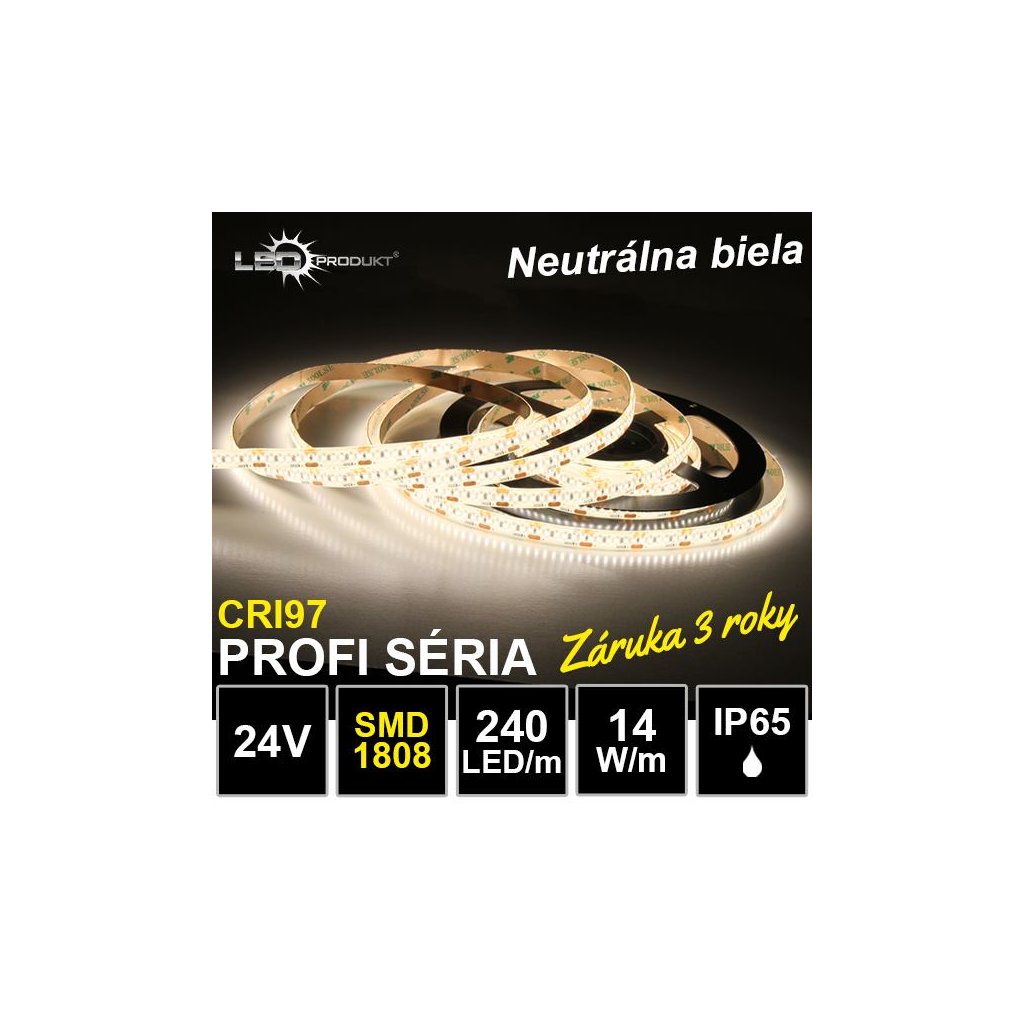 6718 profi led pasik 240led m smd1808 neutralna biela cri97 ip65 24v 14w m zaruka 3 roky