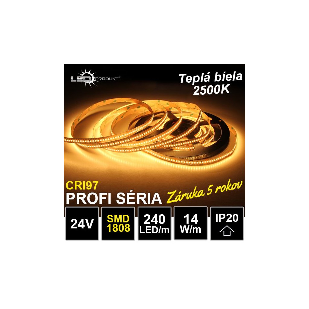 7144 profi led pasik 240led m smd1808 tepla biela 2500k cri97 ip20 24v 14w m zaruka 5 rokov