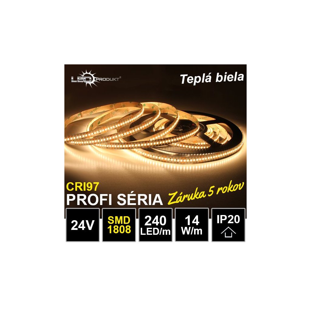 6712 profi led pasik 240led m smd1808 tepla biela cri97 ip20 24v 14w m zaruka 5 rokov