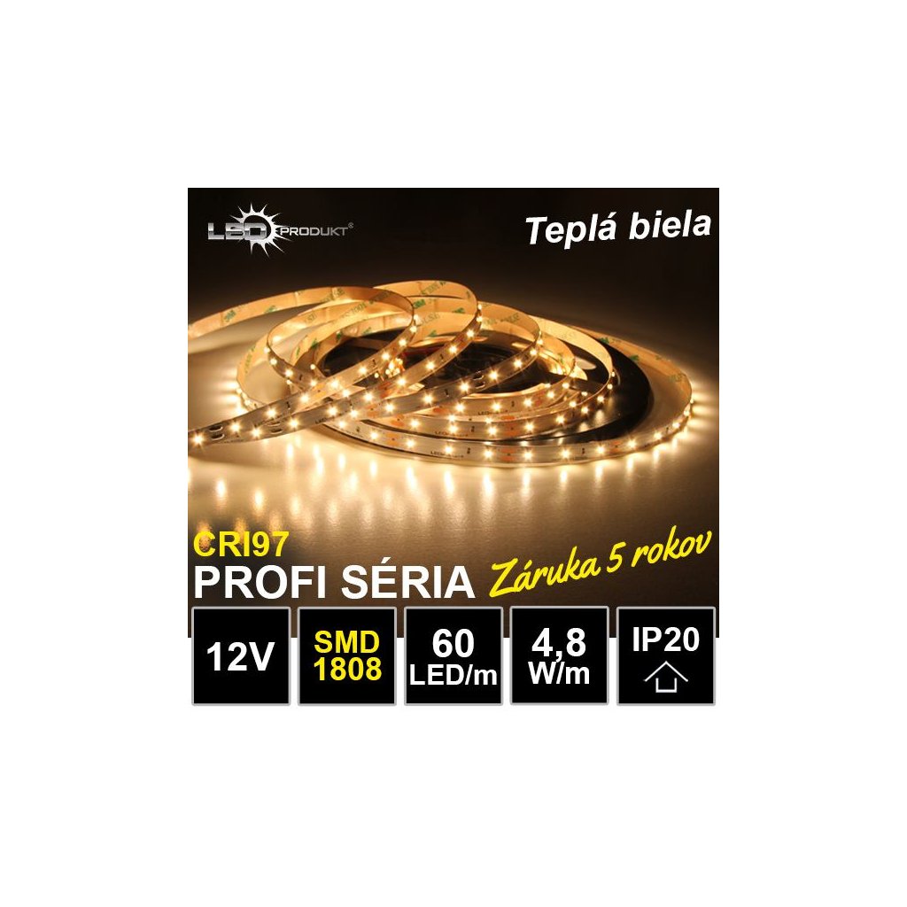 6811 profi led pasik 60led m smd1808 tepla biela cri97 ip20 12v zaruka 5 rokov