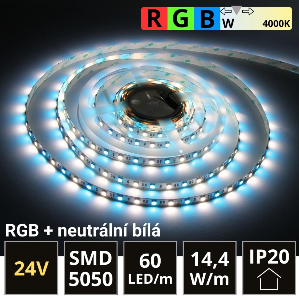 PROFI LED pásek 60LED/m SMD5050 14,4W/m RGB-W (RGB+neutrální bílá) IP20 24V
