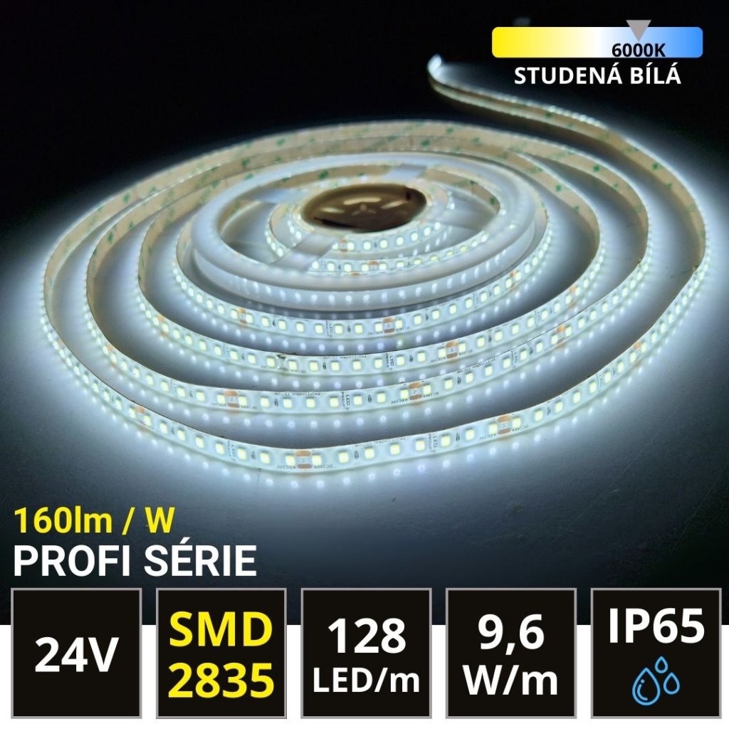 PROFI LED pásek 128LED/m SMD2835 9,6W/m studená bílá IP65 24V - vysocesvítivý