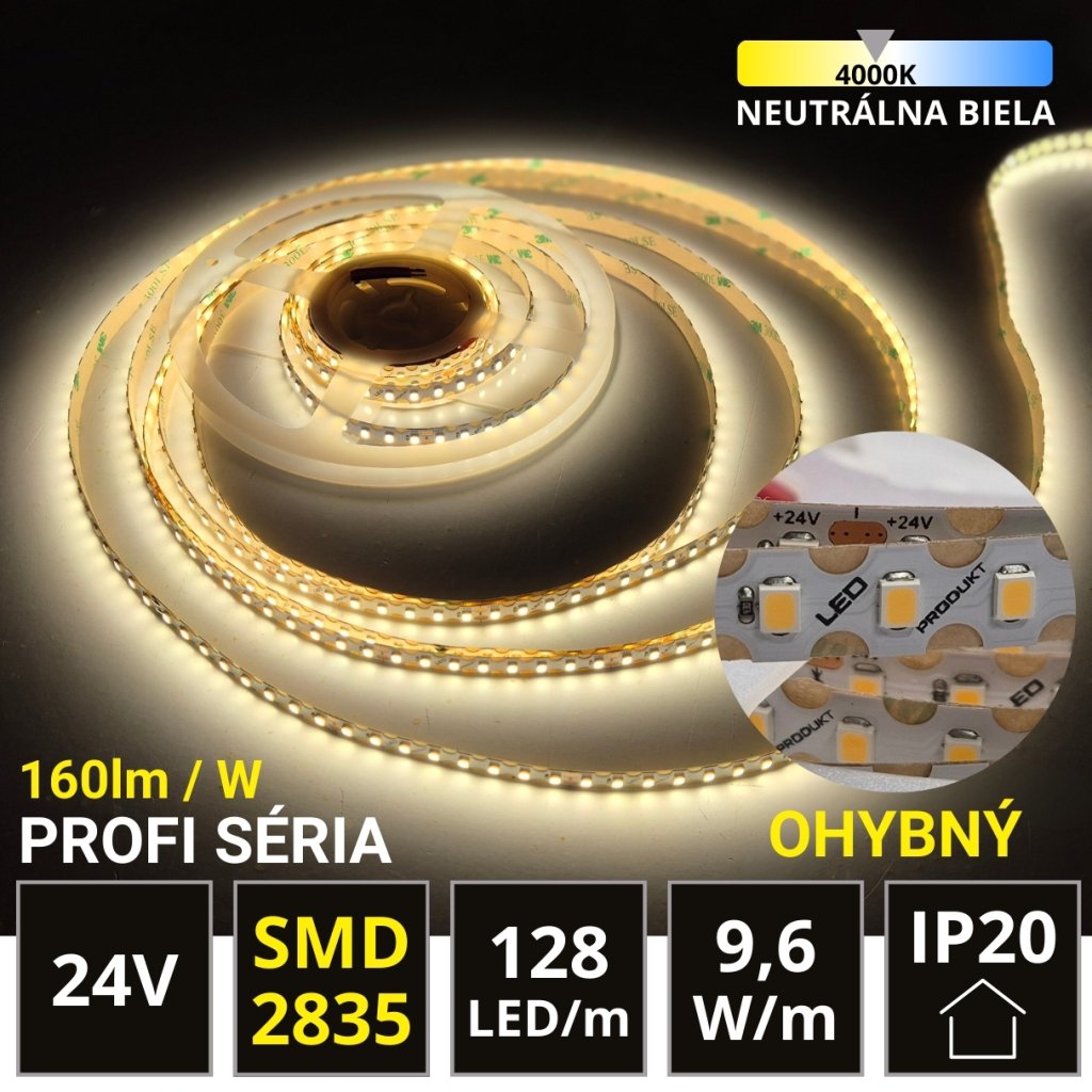 PROFI LED pásek ohybný 128LED/m SMD2835 9,6W/m neutrální bílá IP20 24V - vysocesvítivý
