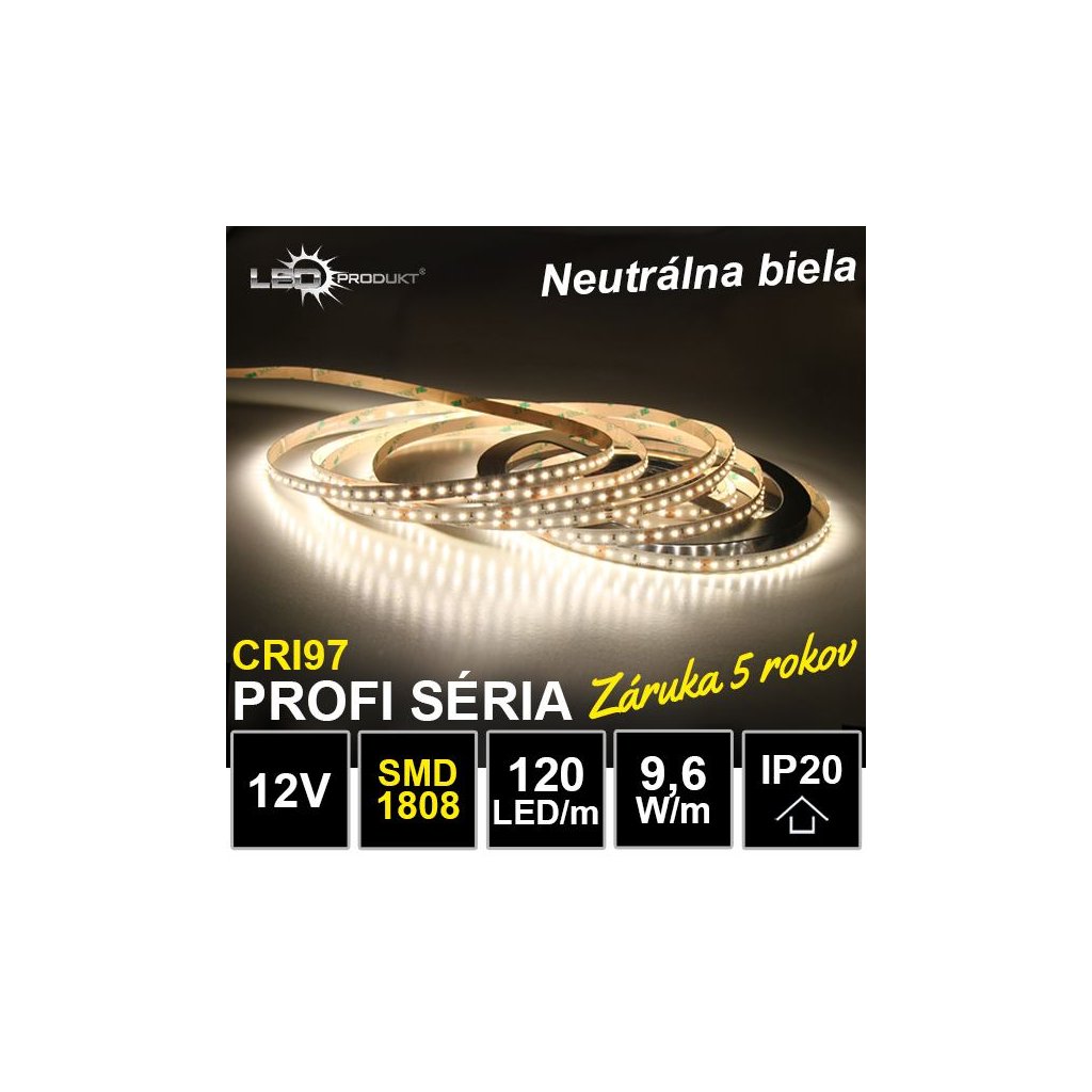 6727 5m profi led pasik 120led m smd1808 neutralna biela cri97 ip20 12v zaruka 5 rokov