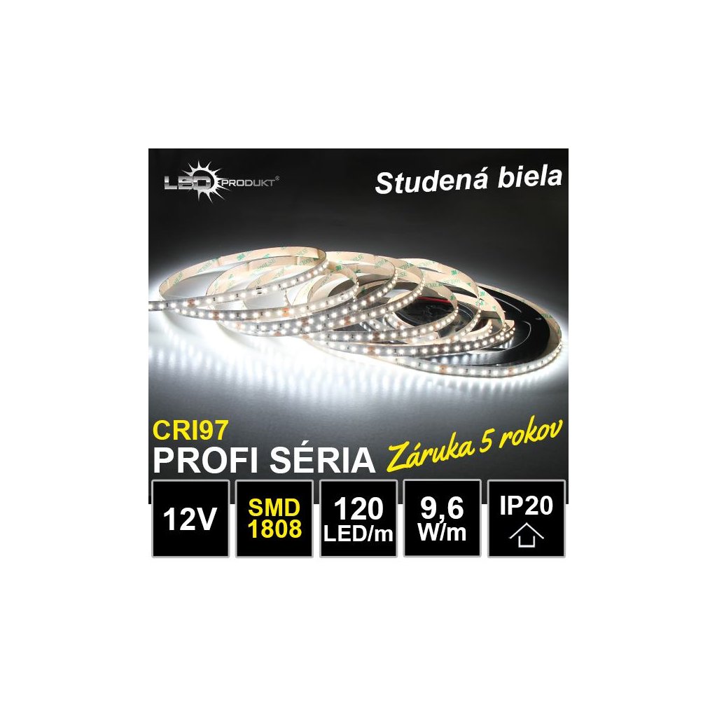 6724 5m profi led pasik 120led m smd1808 studena biela cri97 ip20 12v zaruka 5 rokov