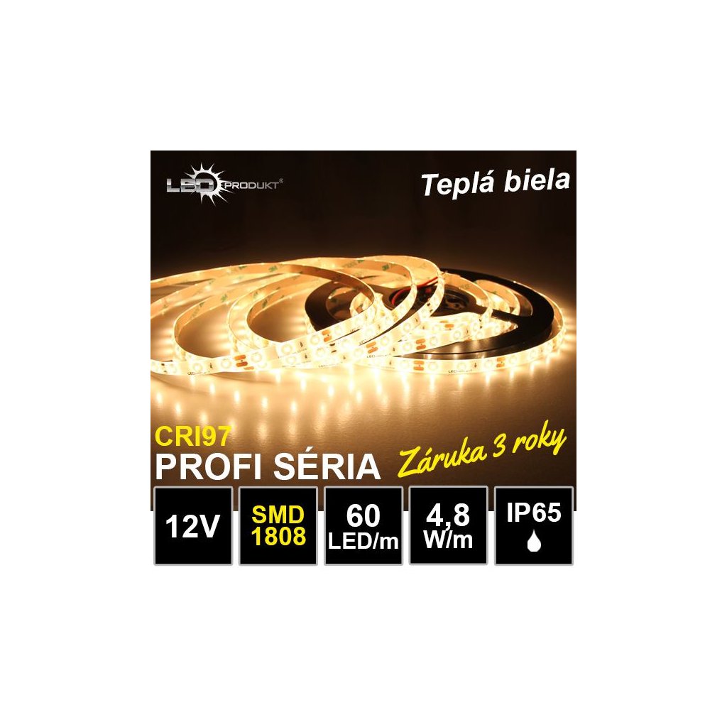6700 5m profi led pasik 60led m smd1808 tepla biela cri97 ip65 12v zaruka 3 roky