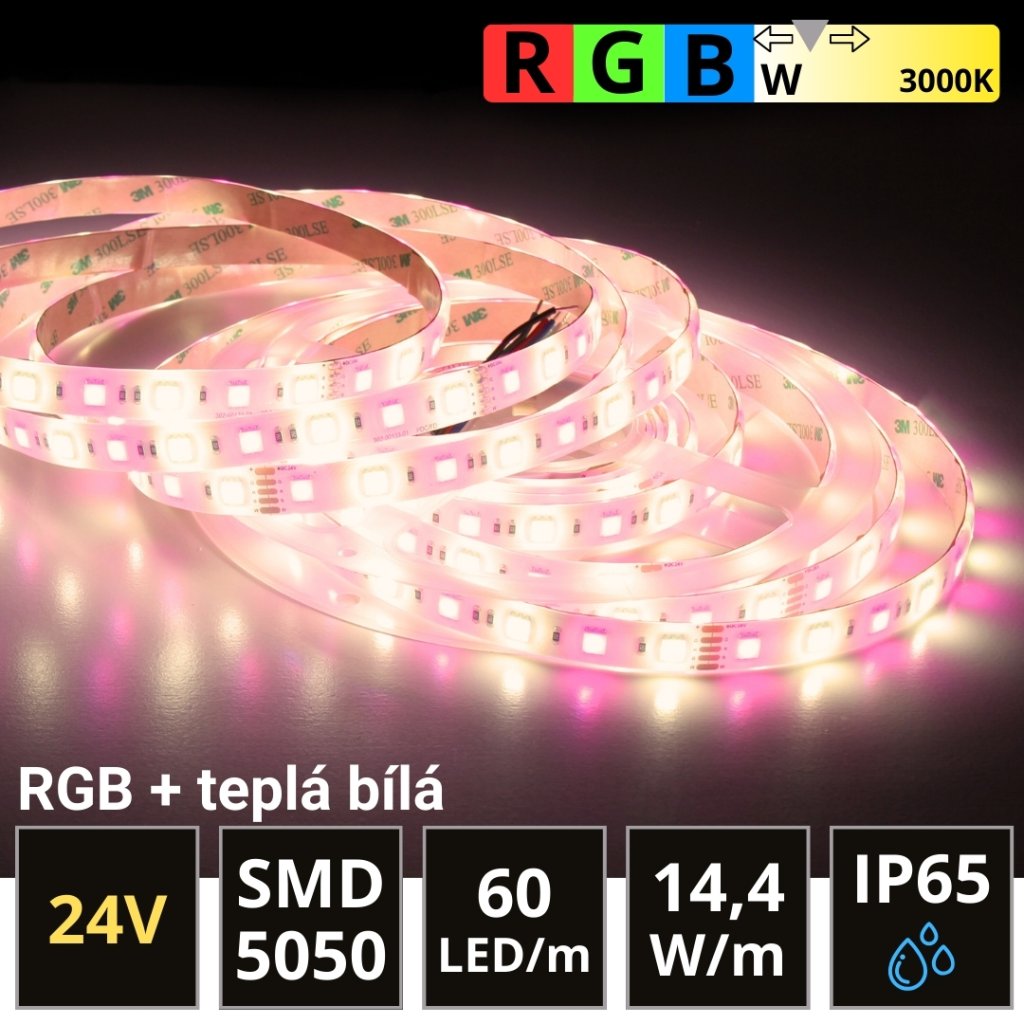 5m PROFI LED pásek 60LED/m SMD5050 14,4W/m RGB-W (RGB+teplá bílá) IP65 24V