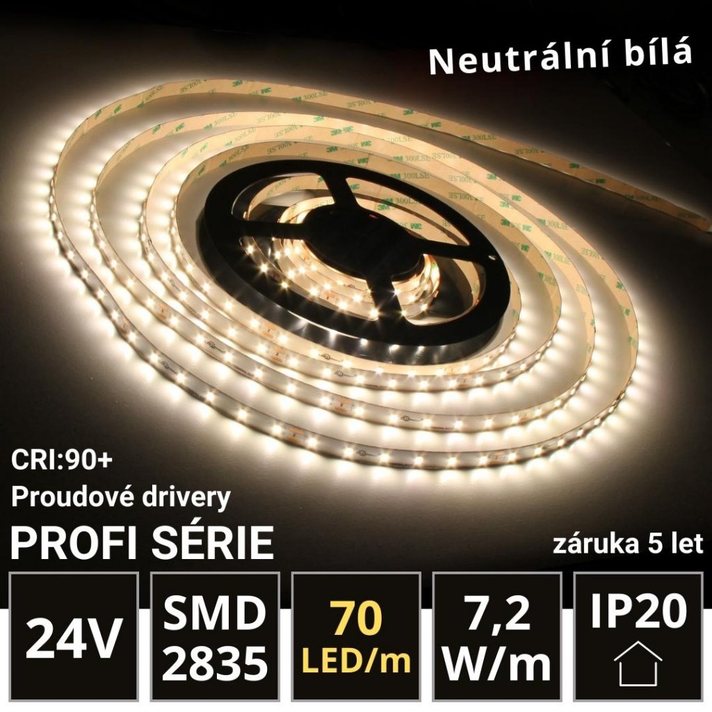 5m PROFI LED pásek 70LED/m SMD2835 7,2W/m proud. driver neutrální bílá IP20 24V