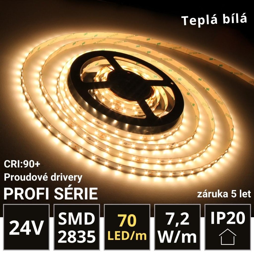 5m PROFI LED pásek 70LED/m SMD2835 7,2W/m proud. driver teplá bílá IP20 24V