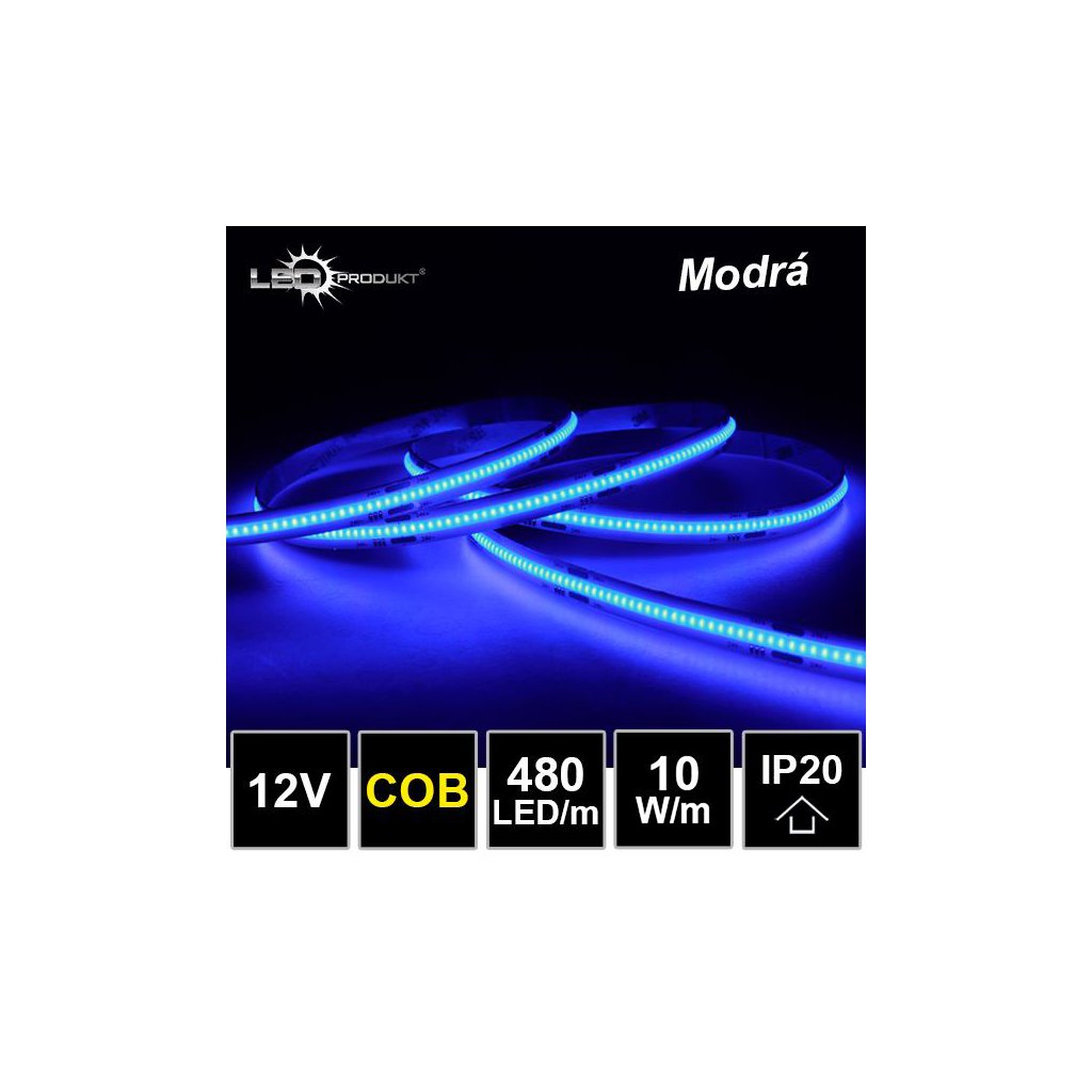 LED pásek 480LED/m COB 10W/m modrá IP20 12V
