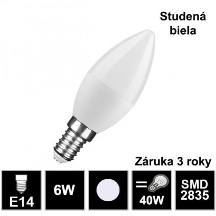 6310 led ziarovka e14 6w smd2835 studena biela sviecka zaruka 3 roky