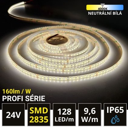 5m PROFI LED pás 128LED/m SMD2835 9,6W/m neutrální bílá IP65 24V - vysocesvítivý