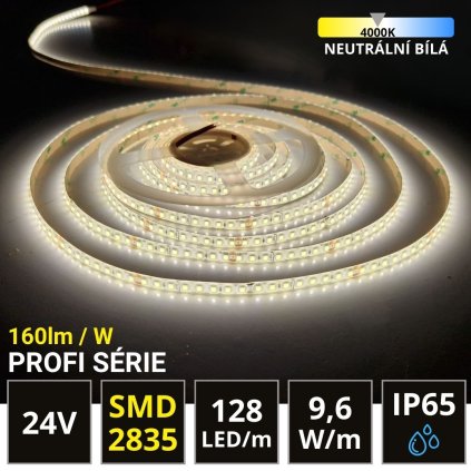 5m PROFI LED pásek 128LED/m SMD2835 9,6W/m neutrální bílá IP65 24V - vysocesvítivý