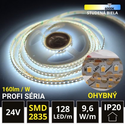 5m PROFI LED pásek ohybný 128LED/m SMD2835 9,6W/m studená bílá IP20 24V - vysocesvítivý