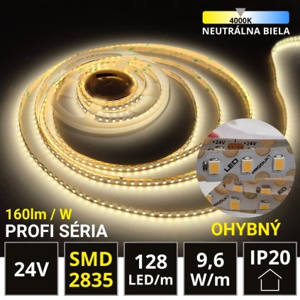 5m PROFI LED pásek ohybný 128LED/m SMD2835 9,6W/m neutrální bílá IP20 24V - vysocesvítivý