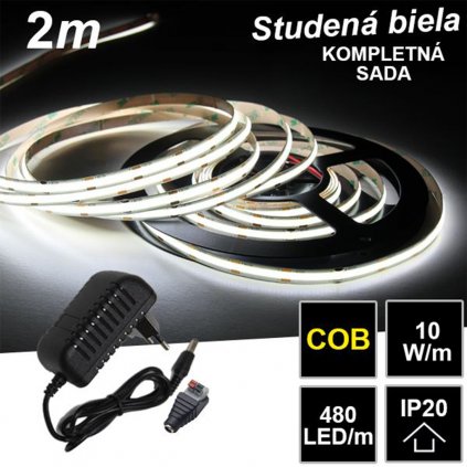 2m PROFI COB 480LED/m 10W/m IP20 12V studená b. - KOMPLETNÍ SADA