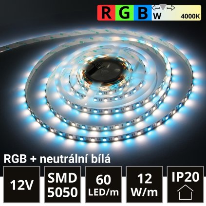 5m LED pás 60LED/m SMD5050 12W/m IP20 RGB-NW (RGB+neutrální bílá) 12V