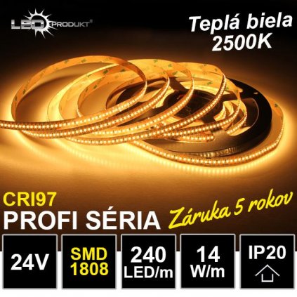 7147 5m profi led pasik 240led m smd1808 tepla biela 2500k cri97 ip20 24v 14w m zaruka 5 rokov