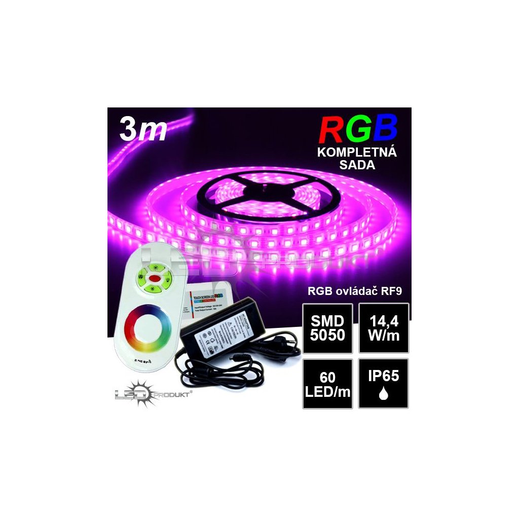 5143 3m ip65 vodeodolny 60led m rgb pasik rf9 dotyk komplet sada
