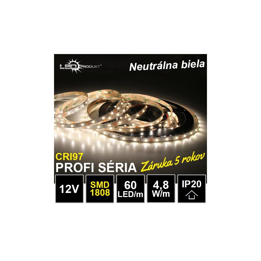 6661 5m profi led pasik 60led m smd1808 neutralna biela cri97 ip20 12v zaruka 5 rokov