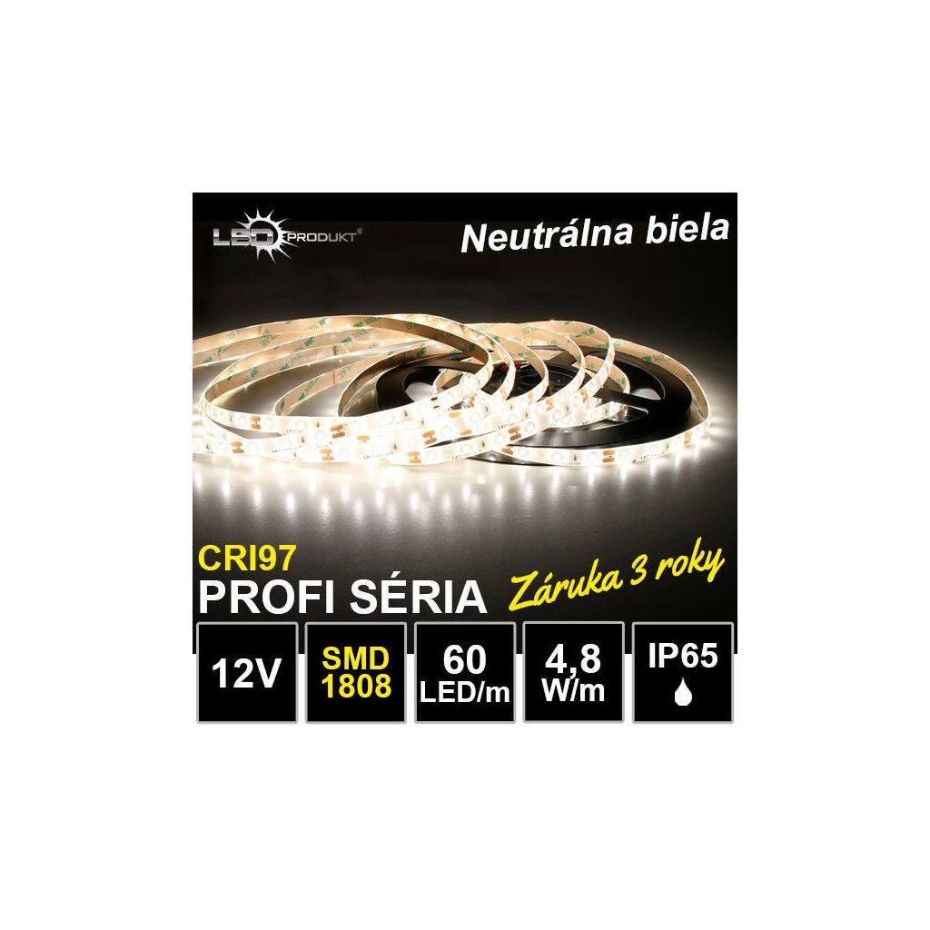 6697 5m profi led pasik 60led m smd1808 neutralna biela cri97 ip65 12v zaruka 3 roky