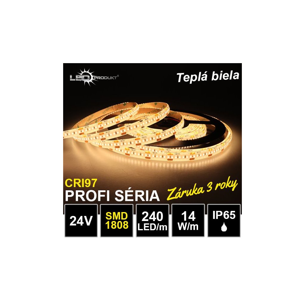 6721 profi led pasik 240led m smd1808 tepla biela cri97 ip65 24v 14w m zaruka 3 roky