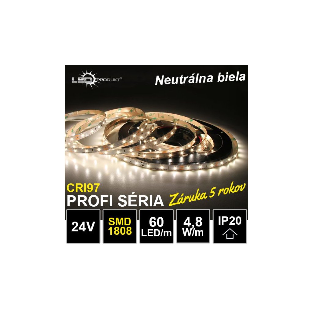 6745 5m profi led pasik 60led m smd1808 neutralna biela cri97 ip20 24v zaruka 5 rokov
