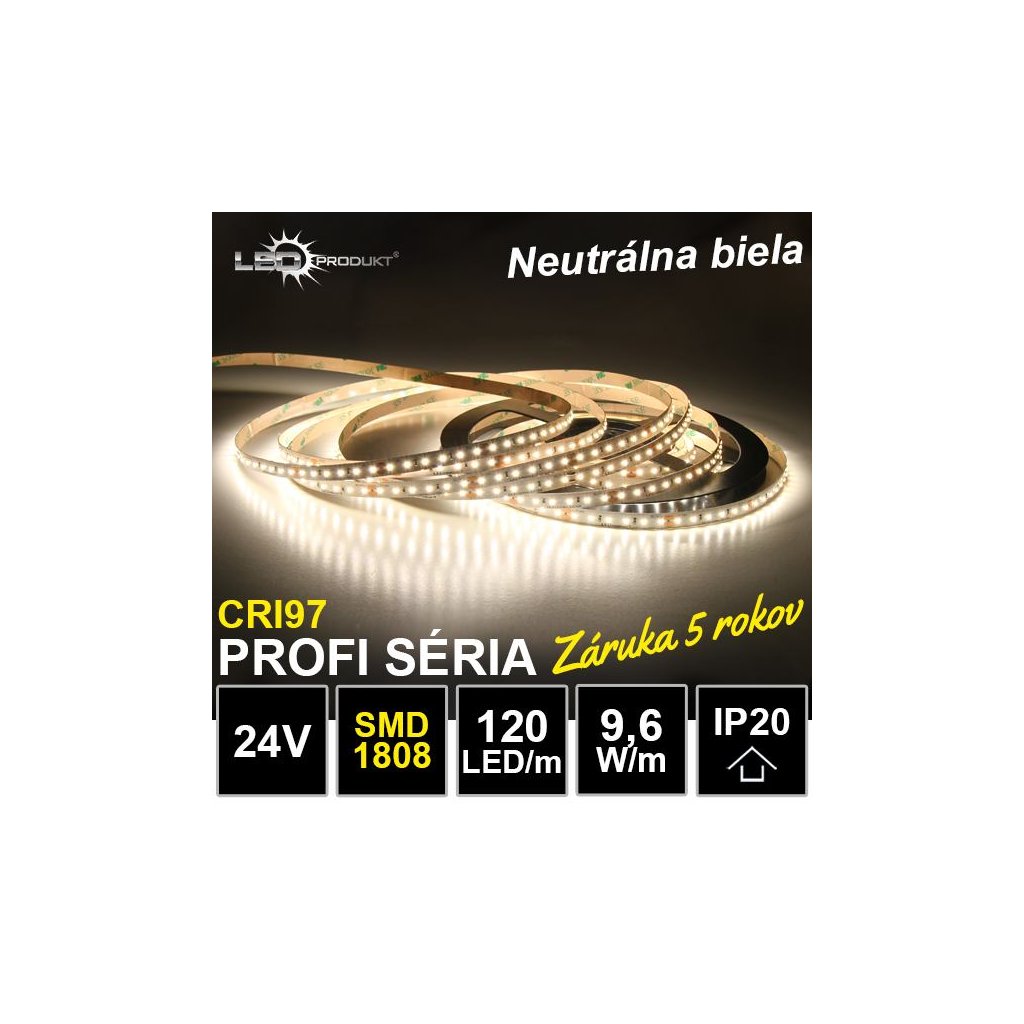 6763 5m profi led pasik 120led m smd1808 neutralna biela cri97 ip20 24v zaruka 5 rokov