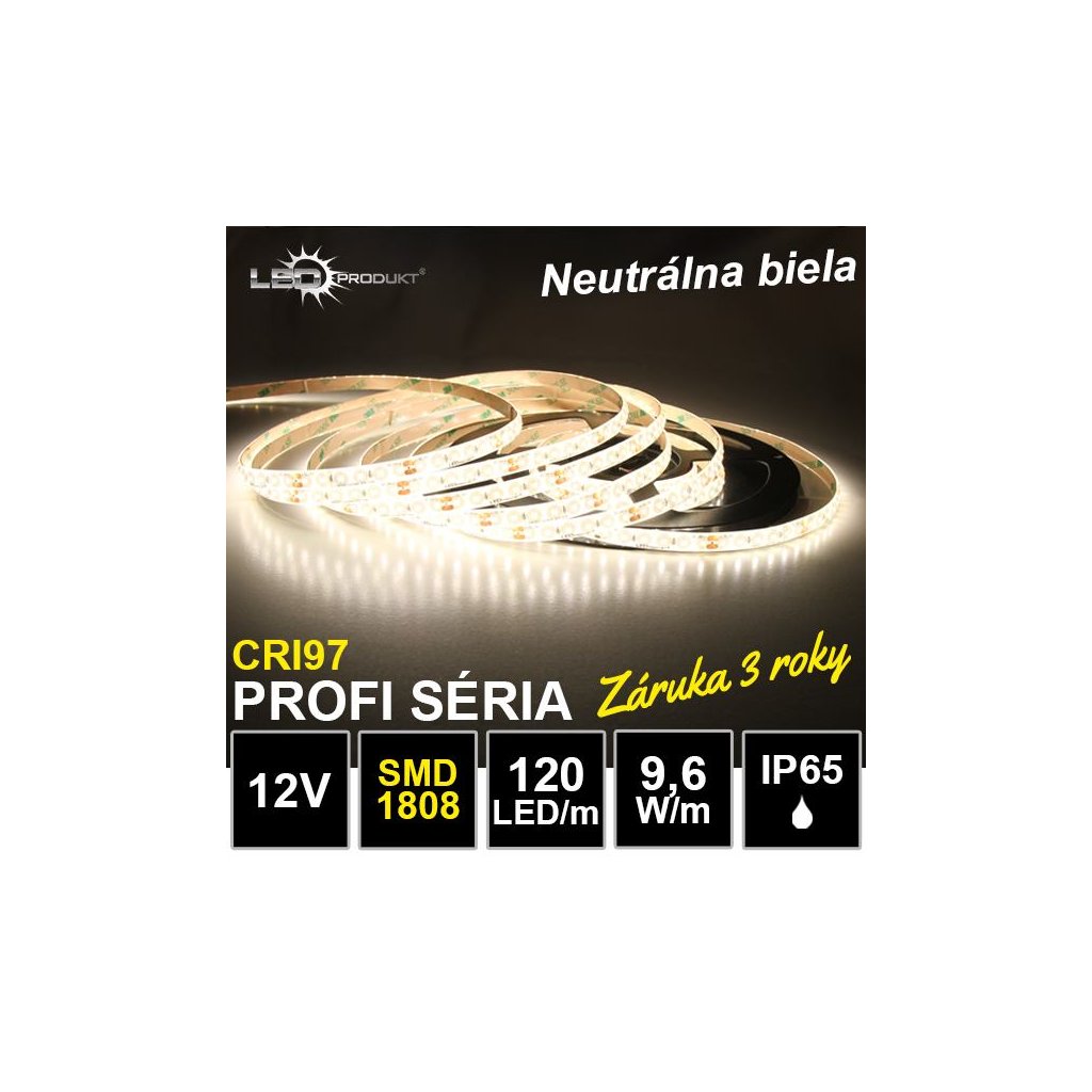6835 profi led pasik 120led m smd1808 neutralna biela cri97 ip65 12v zaruka 3 roky