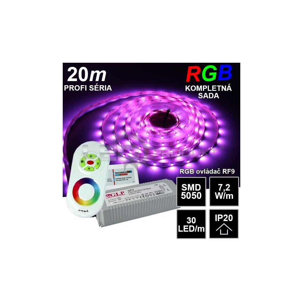 6868 20m profi led pasik smd5050 rgb 30led m ip20 24v rf9 kompletna sada