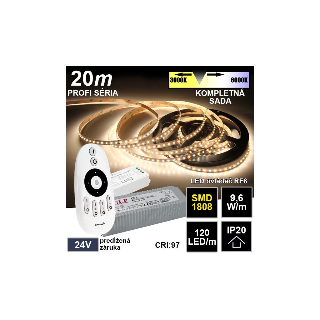 6964 20m profi led pasik 120led m smd1808 dual white ip20 24v kompletna sada
