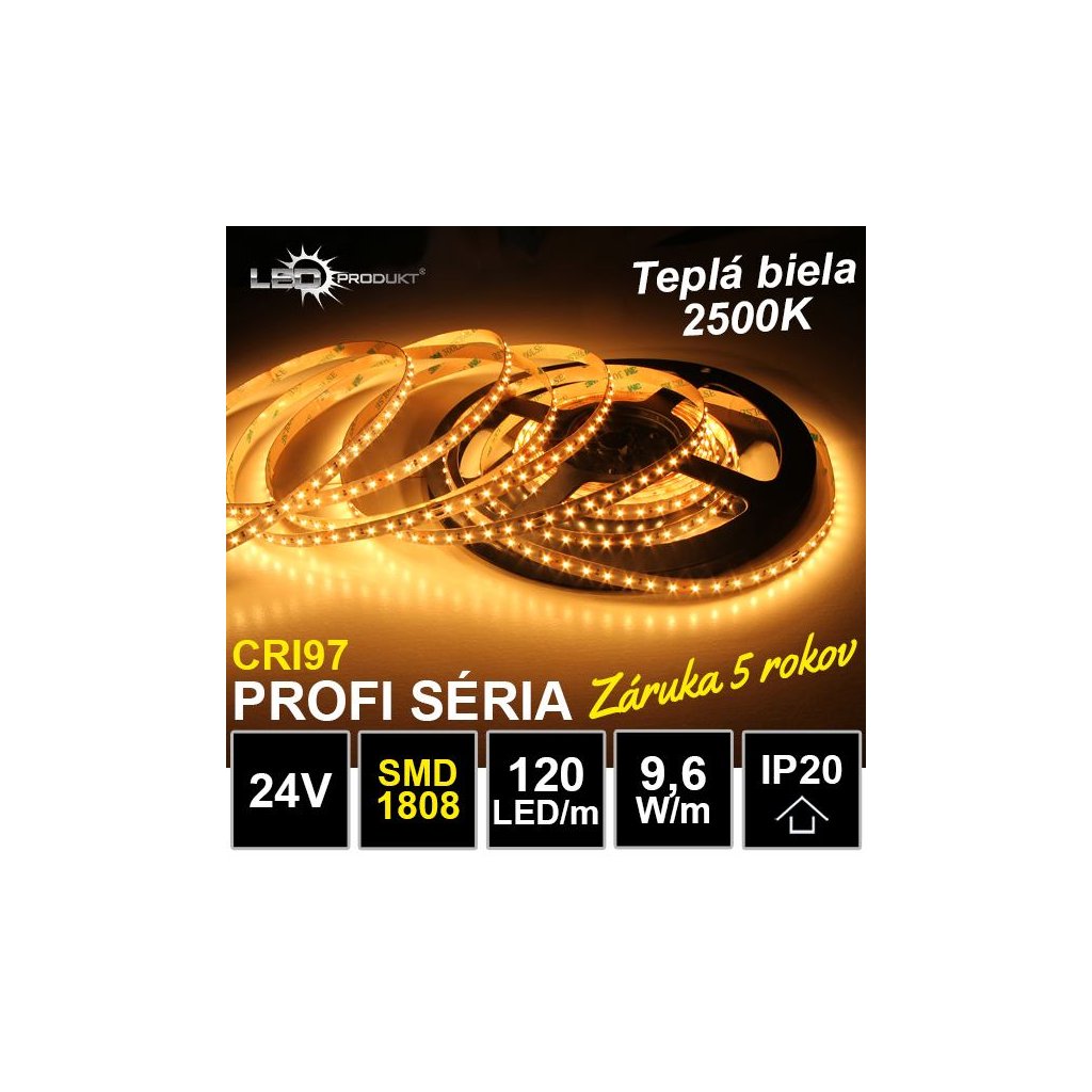 9397 profi led pasik 120led m smd1808 tepla biela 2500k cri97 ip20 24v zaruka 5 rokov