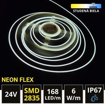 5m LED neon FLEX pásik 24V 10x4mm 6W/m IP67 studená biela