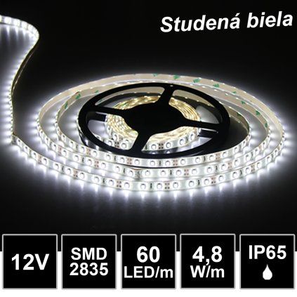 LED pásik 60LED/m vodeodolný SMD2835 4,8W/m studená biela IP65 12V