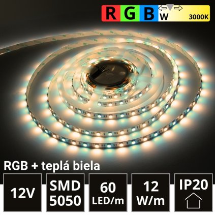 5m LED pásik 60LED/m SMD5050 12W/m IP20 RGB-WW (RGB+teplá biela) 12V
