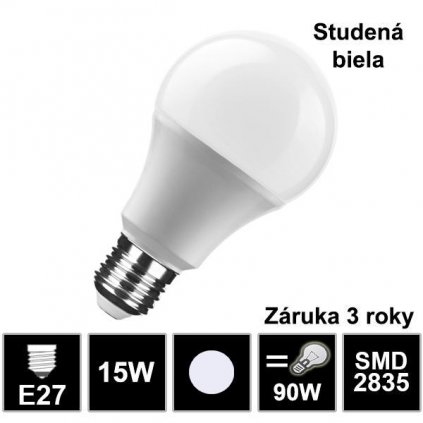 6250 led ziarovka e27 15w smd2835 studena biela zaruka 3 roky