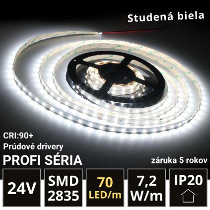 PROFI LED pásik 70LED/m SMD2835 7,2W/m prúd. driver studená biela IP20 24V