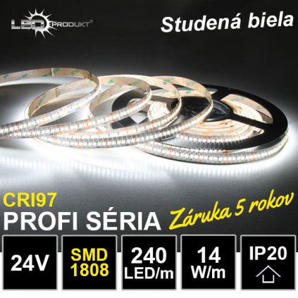 6667 5m profi led pasik 240led m smd1808 studena biela cri97 ip20 24v 14w m zaruka 5 rokov