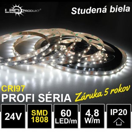 6742 5m profi led pasik 60led m smd1808 studena biela cri97 ip20 24v zaruka 5 rokov