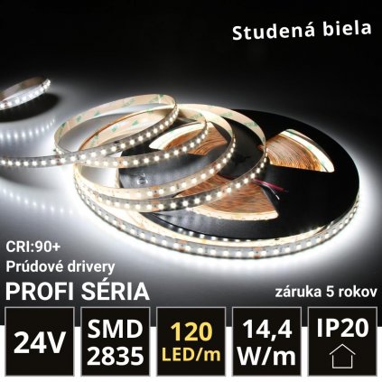 PROFI LED pásik 120LED/m SMD2835 14,4W/m prúd. driver studená biela IP20 24V