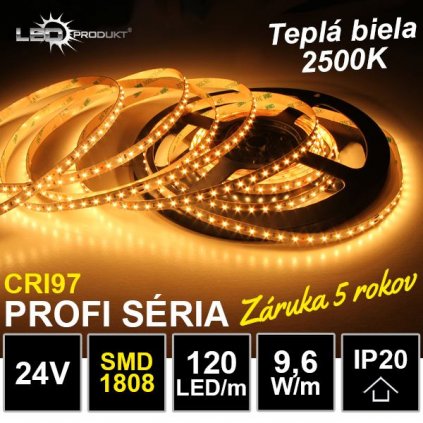 9394 5m profi led pasik 120led m smd1808 tepla biela 2500k cri97 ip20 24v zaruka 5 rokov