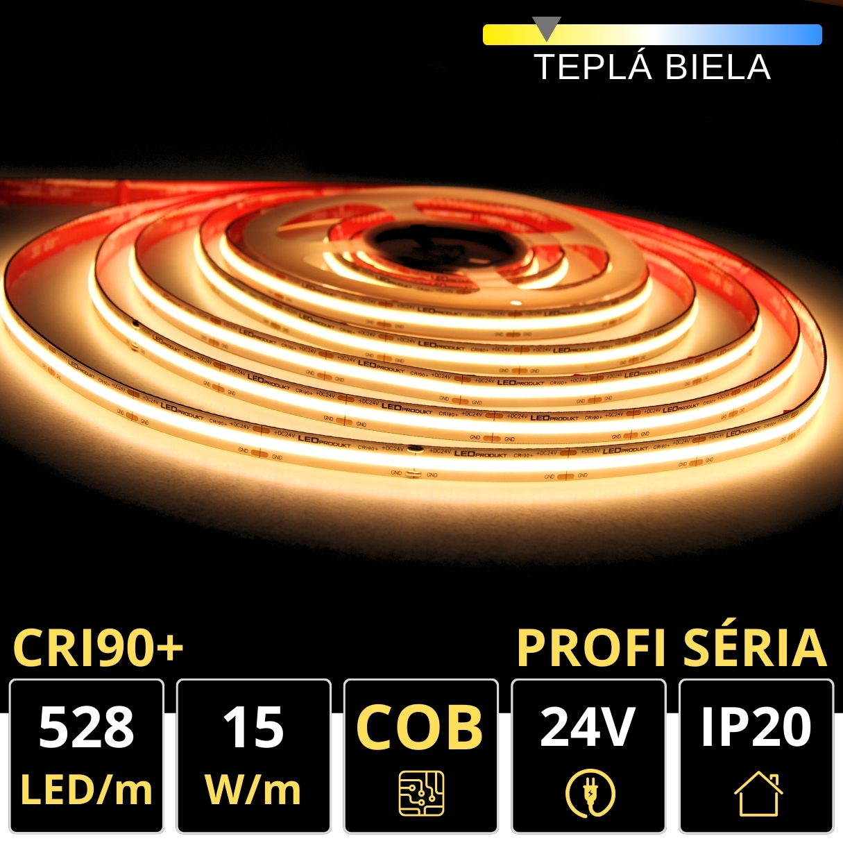 LEDprodukt PROFI LED pásik 528LED/m COB 15W/m teplá biela IP20 24V
