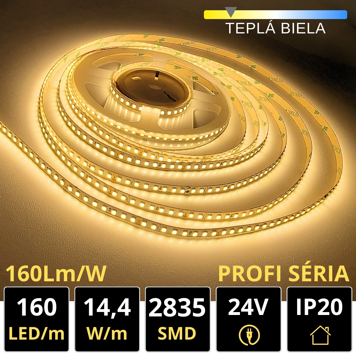 LEDprodukt 5m PROFI LED pásik 160LED/m SMD2835 14,4W/m teplá biela IP20 24V - vysokosvietivý