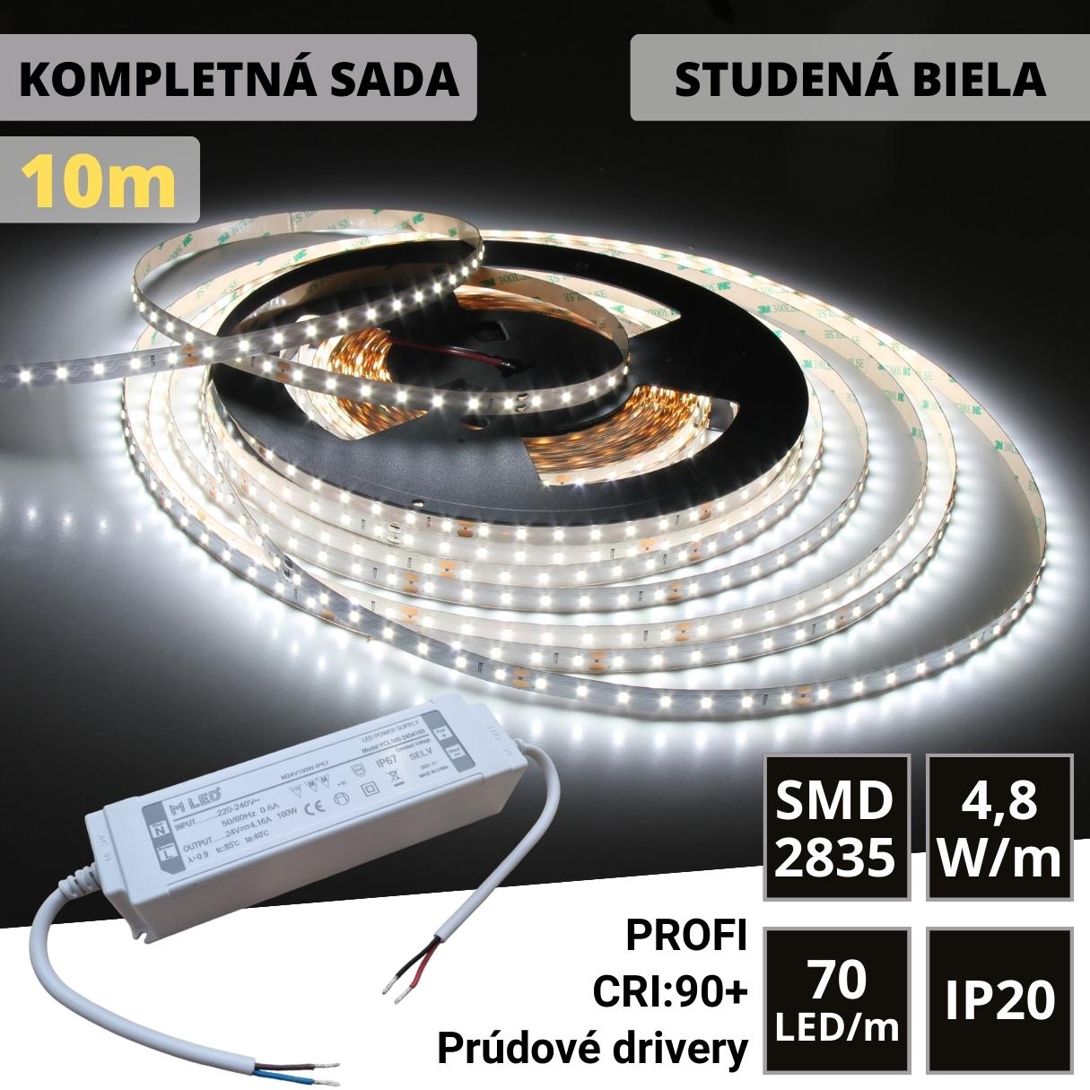 LEDprodukt 10m PROFI LED pásik 70LED/m SMD2835 prúd. driver studená b. 4,8W/m IP20 24V KOMPLETNÁ SADA
