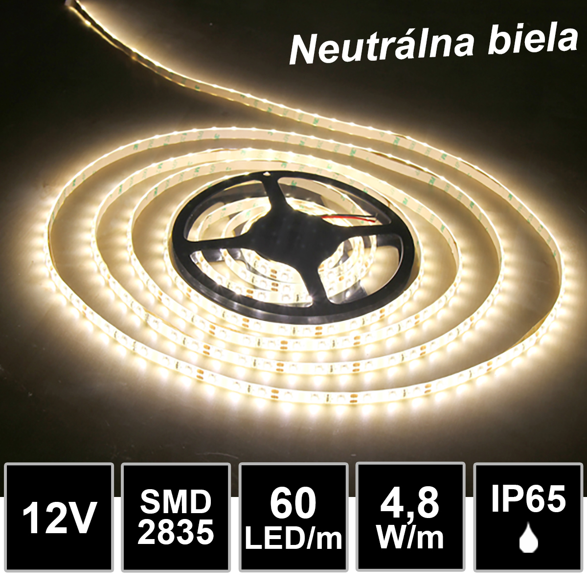 LEDprodukt 5m LED pásik 60LED/m vodeodolný SMD2835 4,8W/m neutrálna biela IP65 12V
