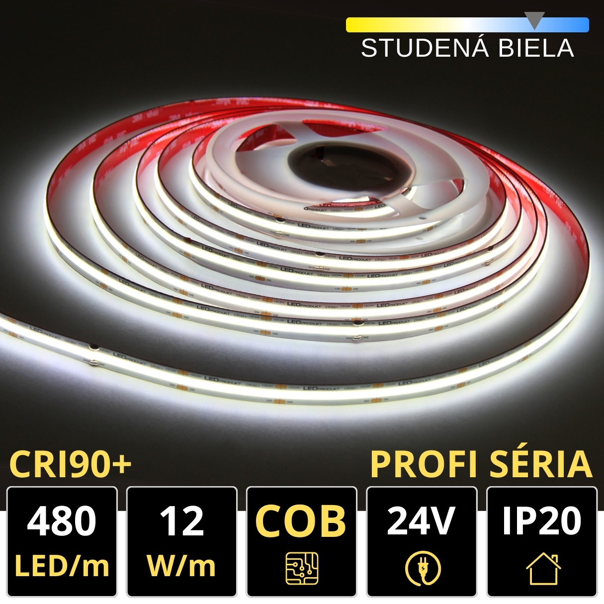 LEDprodukt PROFI LED pásik 480LED/m COB 12W/m studená biela IP20 24V