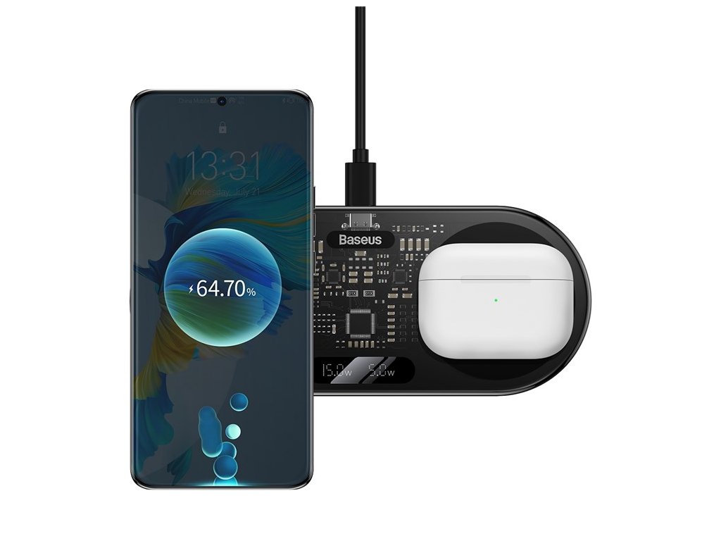 Încărcător wireless Baseus pentru 2 dispozitive Dual Qi 20W 9V/2A 12V/2A 100cm Type-C